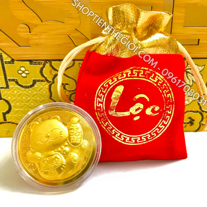 Đồng Xu Hình Con Mèo Thần Tài CUTE Tặng Túi Gấm Lộc - SP005915